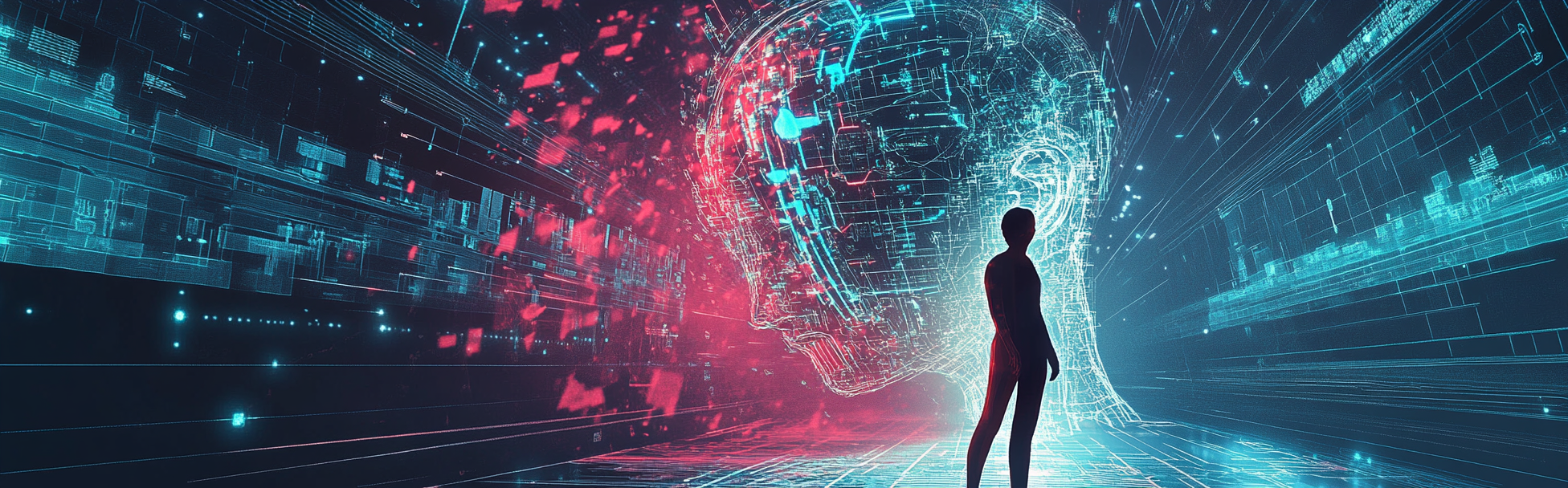 A person in an abstract landscape that represents the fast-paced change of modern AI